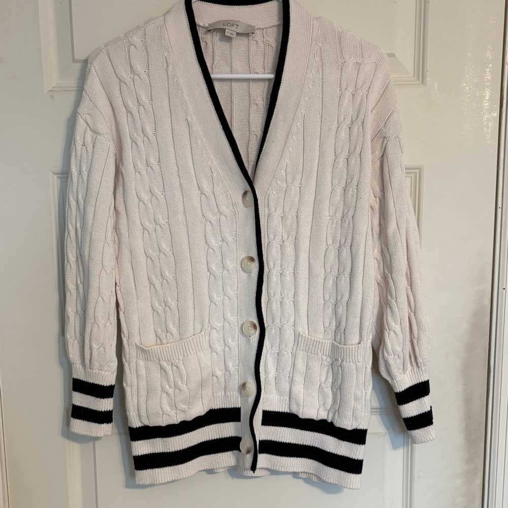 LOFT Cream Ribbed Knit Button Cardigan with Black Trim